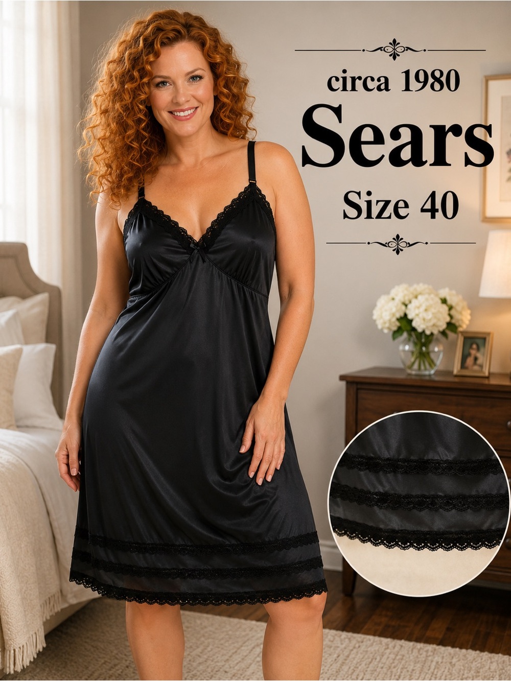 Vintage 80s Sears Black Full Slip Size 40 Antron III Nylon Lace USA